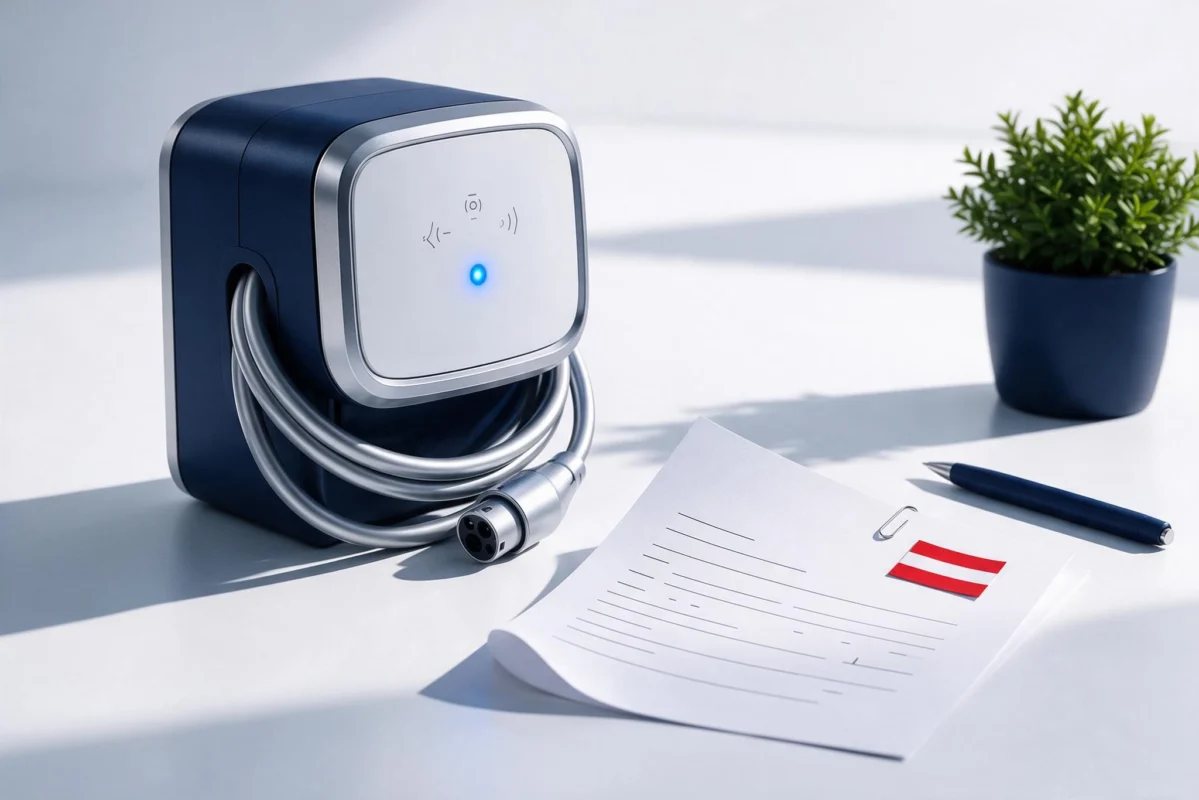 Professional header image for step-by-step guide: Wallbox für Unternehmen in Österreich: Förderungen, Vorau...